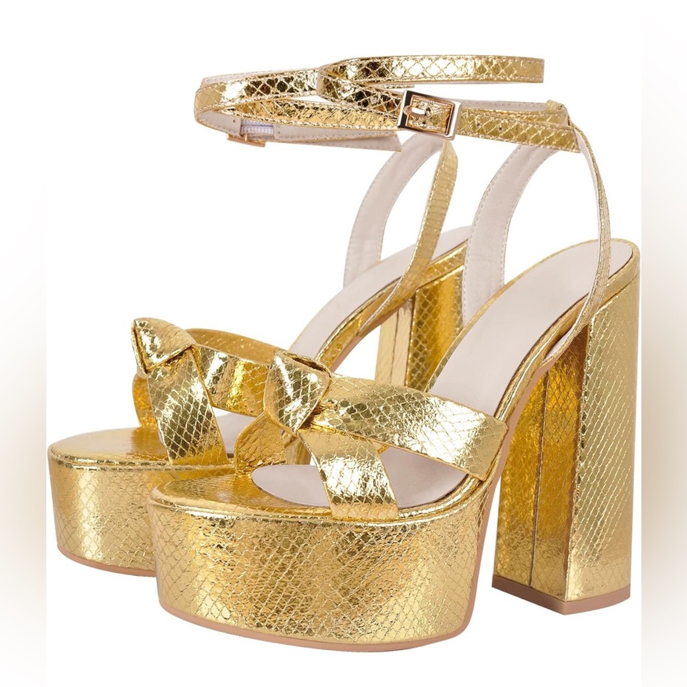Women's Metallic Gold Platform Chunky Heel Ankle Strap Buckle Sandals